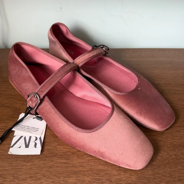 NWT Zara sz 10 Velvet Dusty Rose Mary Jane Flat Sqaure Toe Buckle Preppy Minimal - Image 3