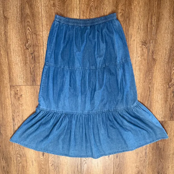 Passports Embroidered Denim Maxi Skirt XL Blue Cotton Tiered Boho Cottagecore - Image 6