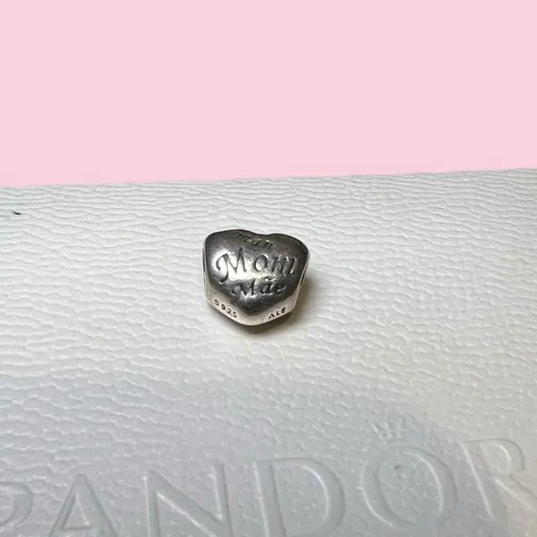 PANDORA 925 Silver - Vintage Shiny Mom Love Heart Bead Slide charm Pendant - Image 2
