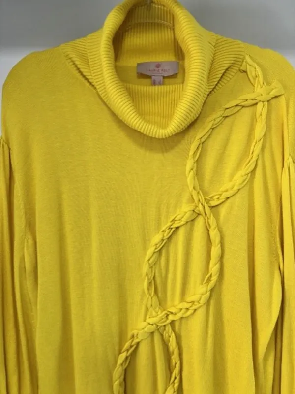 Laurie Felt Women’s L Yellow Braided Knit Sweater Turtleneck Balloon Sleeve - Image 3
