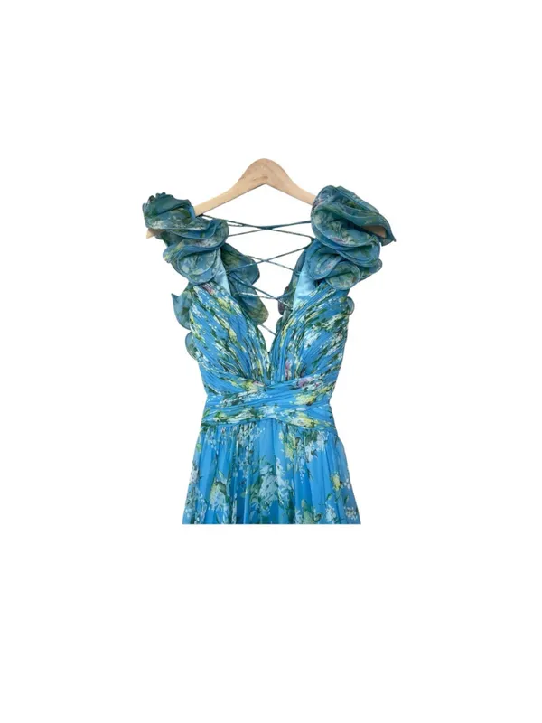 Mac Duggal Blue Ruffle Tiered Floral Cut-Out Chiffon Gown 6 Fairy Whimsy Formal - Image 9