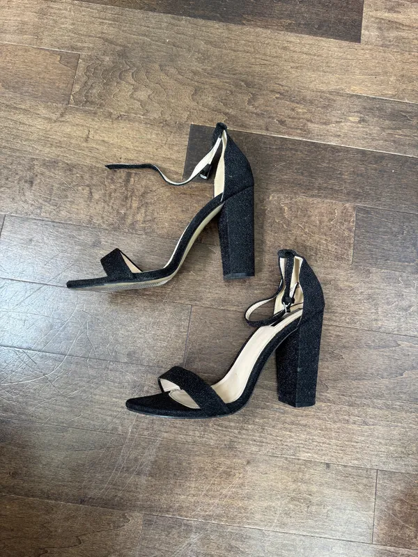 Forever 21 Black Ankle-Strap glitter fabric block heel ankle strap sandals 7.5 - Image 2