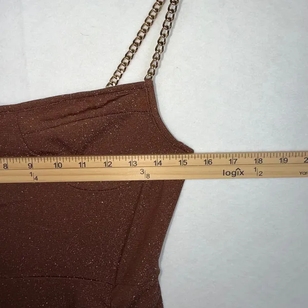 Cider Dress Women Small Brown Shimmer Ruched Chain Strap Asymmetrical Midi Glam - Image 3