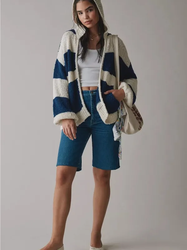 Urban Outfitters BDG Tyler Chunky Blue and Cream Striped Open-Front Sweater - Image 4