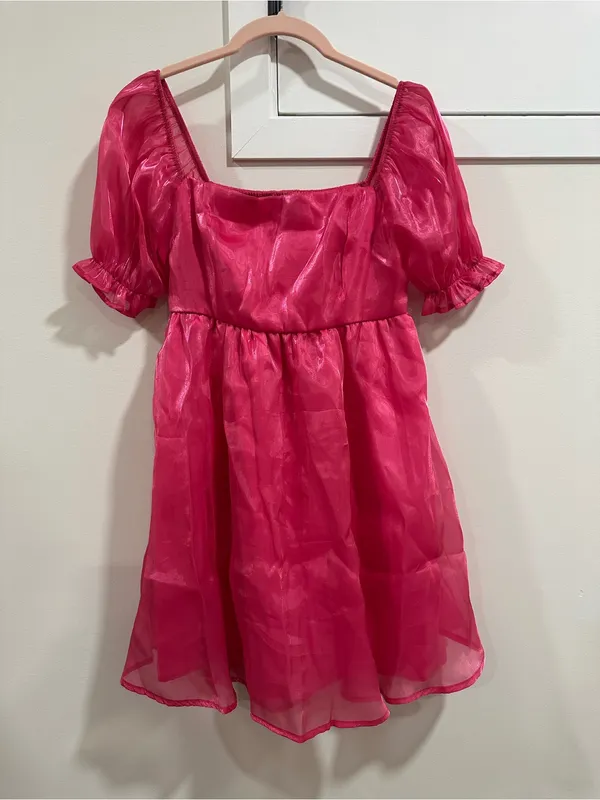 Sheer Pink Puff-Sleeve Square Neck Dress - Image 4