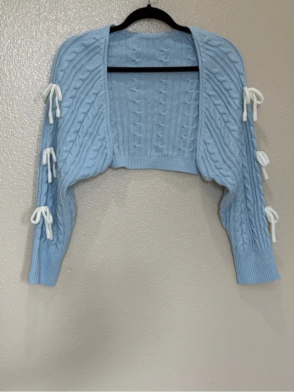 Cider Blue Cable Knit Bow Sleeve Crop Shrug Bolero Coquette Balletcore Large Y2K - Image 2