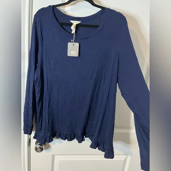 Matilda Jane NWT Top Womens XXL Navy Blue Long Sleeve Ruffle Hem Stretch Casual - Image 7