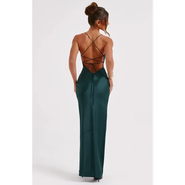 NWT Babyboo Misha Emerald Green Satin Strappy Back High Slit Maxi Dress Size S - Image 3