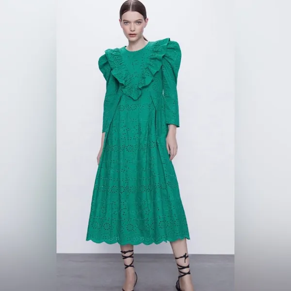 ZARA Broderie‎ Anglaise Cutwork Embroidered Eyelet Ruffle Midi Dress Green Sz XS - Image 8