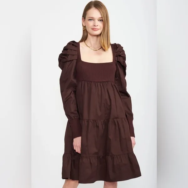 En Saison Lucille Mixed Media Relaxed Fit Midi Dress in Dark Brown Bump Friendly - Image 2