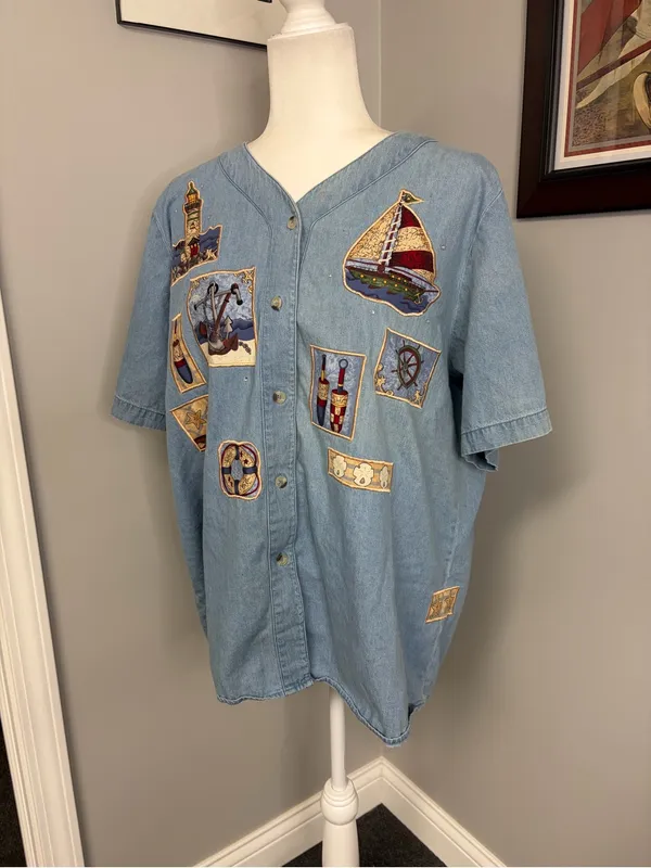 Vintage Quacker Factory womens nautical baseball button up shirt sailboats denim - Image 2