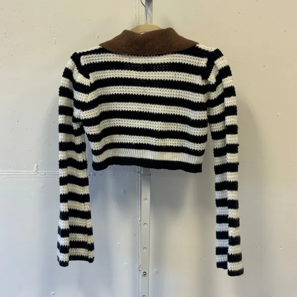 Storets Black White Striped Cropped Cardigan Brown Collar S/M Contemporary - Image 2
