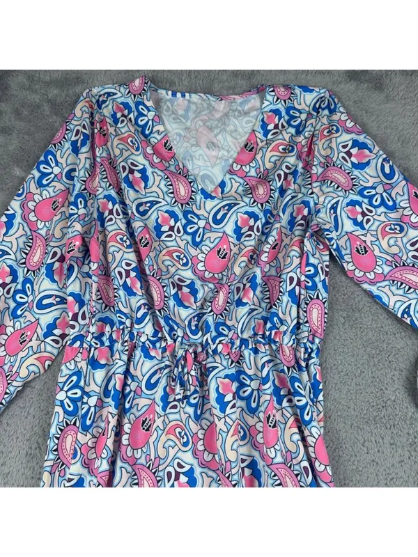V-Neck Paisley Print Maxi Dress With Long Sleeves Pink & Blue Lightweight Fabric - Image 8