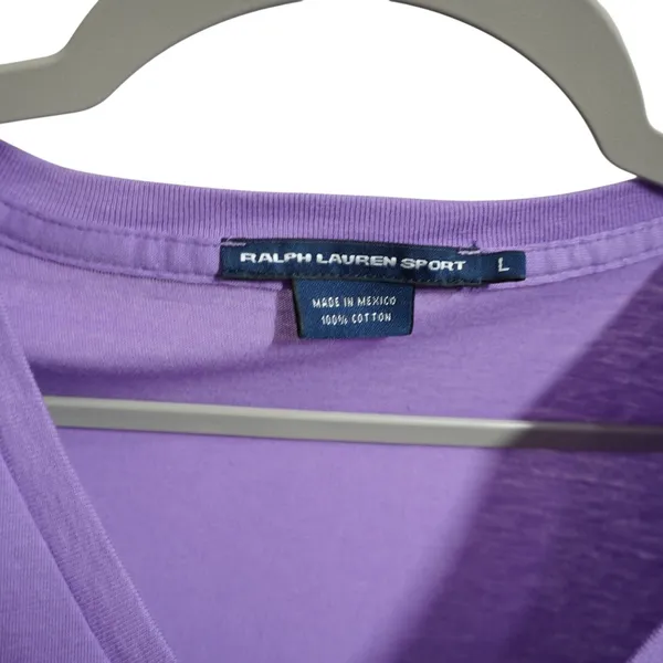 Ralph Lauren Sport Women's Large Purple V-Neck Cotton T-Shirt Green Pony Logo - Image 3