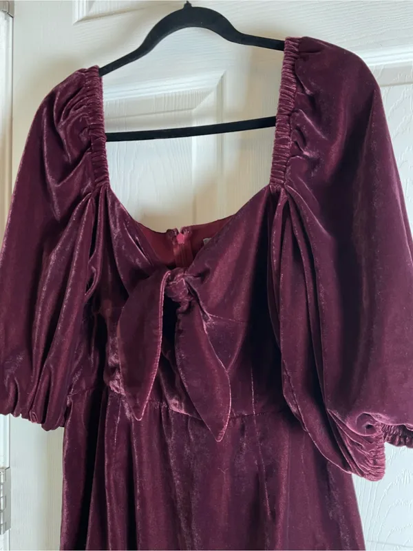 ASOS Velvet Tie-Front Puff Sleeve Mini Dress Plum Burgundy Size 12 - Image 5