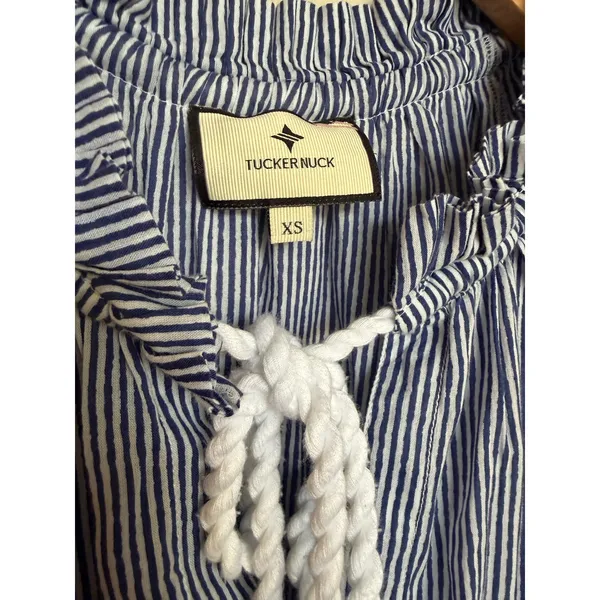 Tuckernuck Beach Nautical Tie Neck Tiered Coverup Dress Sz XS Navy White Stripe - Image 3