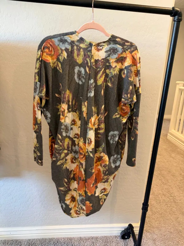 Charcoal Fleece Cardigan with Orange Floral - Image 2