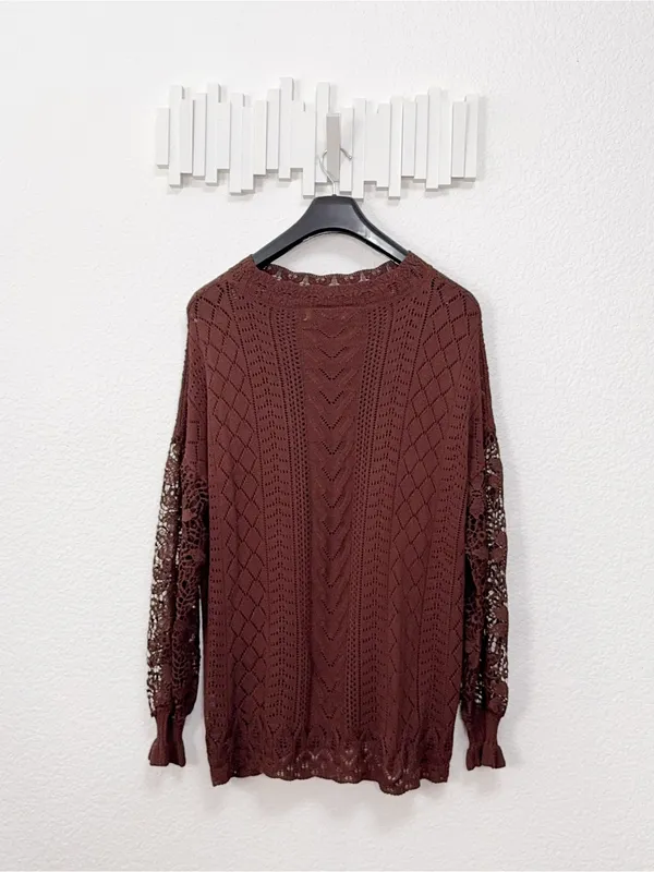 Miss Sparkling Brown Crochet Lace Open Knit Long Sleeve Boho Sweater Top XL - Image 6