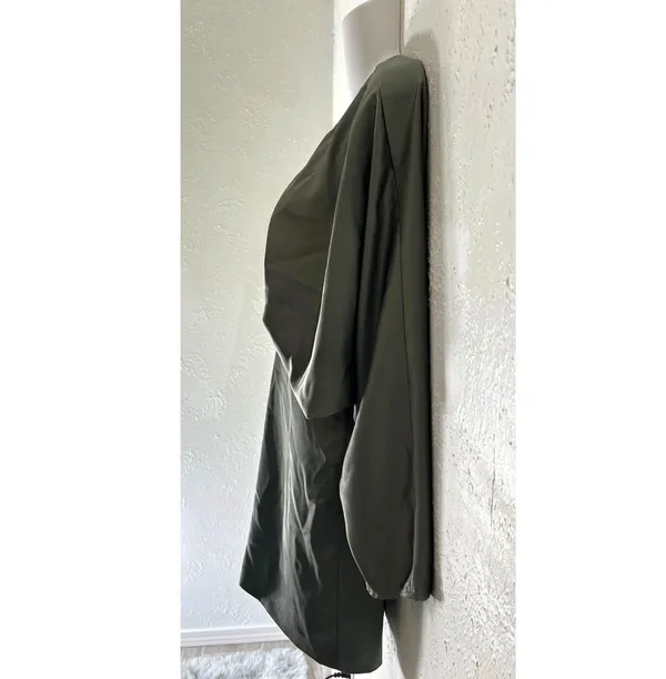 Womens S Voluminous Sleeve Satin Effect Dress Deep V-Neck Green Open - Image 4