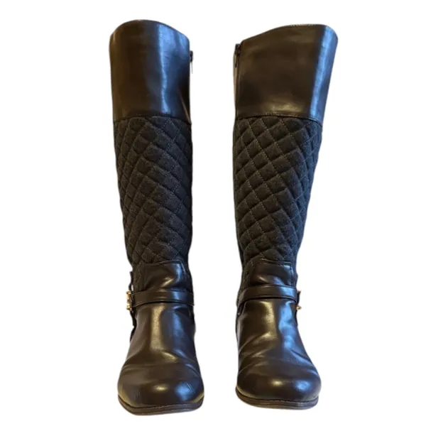 Charter Club Wide Calve Brown Faux Leather‎ & Grey Quilted Riding Boots Sz 7.5 - Image 5