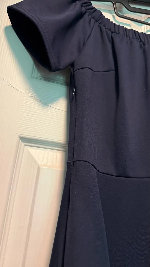 Navy Off-Shoulder High-Low Dress Small with side zipper, high quality/heavy - Image 2