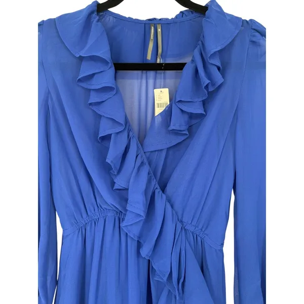 NWT Anthropologie Long Sleeve Ruffled Asymmetric Midi Dress Blue‎ Sz XS Feminine - Image 7