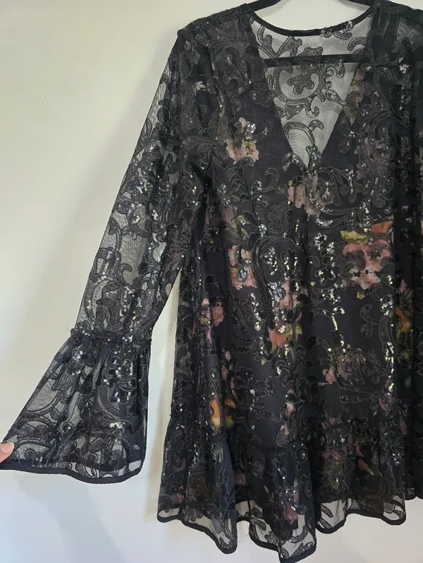 Free People Falling Flowers Frock Mini Dress Pink Black Sequins - Image 2