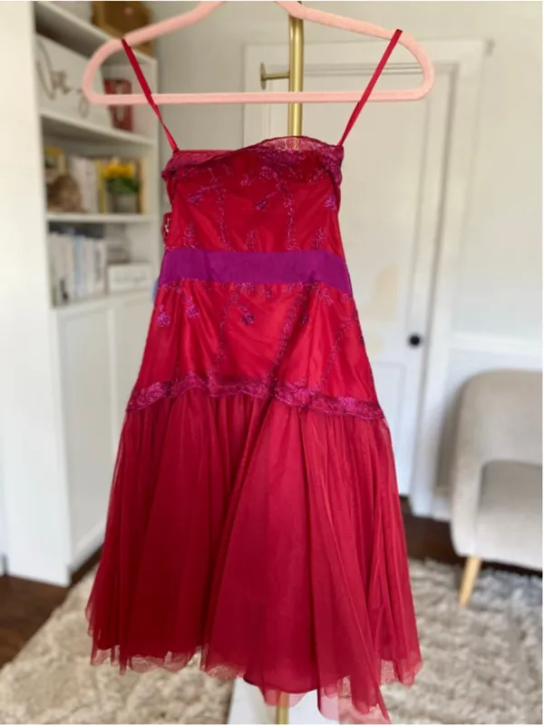 Pearl‎ Marchesa Mini Dress Red Strapless Embroidered Tulle Cocktail Glamour Luxe - Image 3