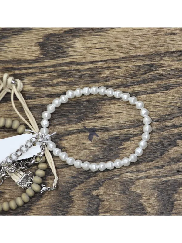 NWT Christopher & Banks Bead Cord Chain Bracelets Tan Brown / White 7" + 3" - Image 5