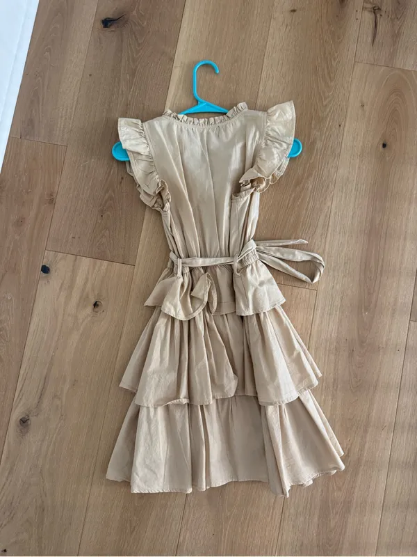 fab'rik Cream Tiered Midi Dress with Waist Tie and Ruffle Sleeves - Image 3