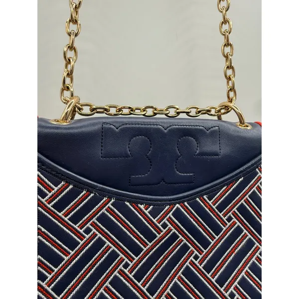 Tory Burch Alexa Convertible Shoulder Bag Navy Red Embroidered‎ Leather Chain - Image 3
