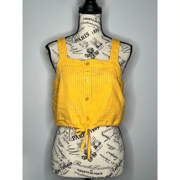 A New Day (M) Striped Button Detail Linen Blend Front Tie Crop Top Tank Shirt - Image 12