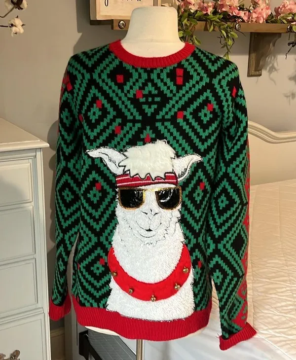 Christmas Jolly Sweater Llama Jingle Bell Green Red Sequins Ugly Oversized - Image 9