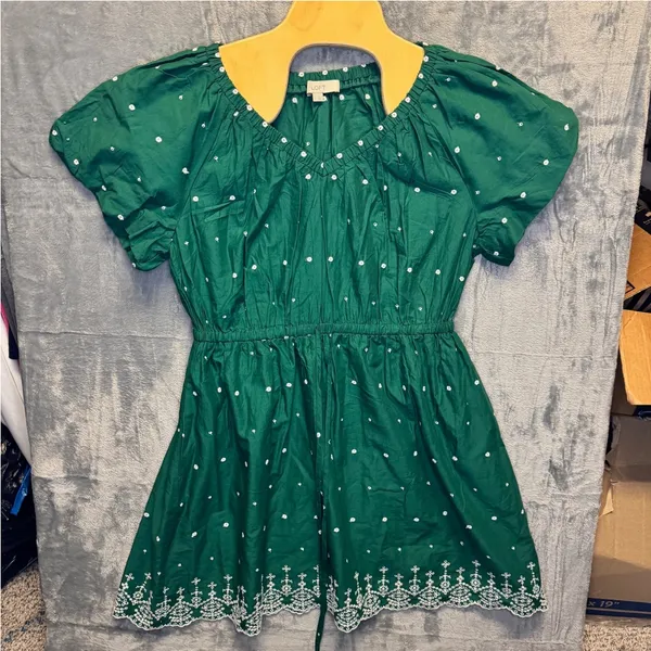 2097 | LOFT Boho Eyelet Embroidered Scallop Hem Cotton Dress Green Womens L - Image 3