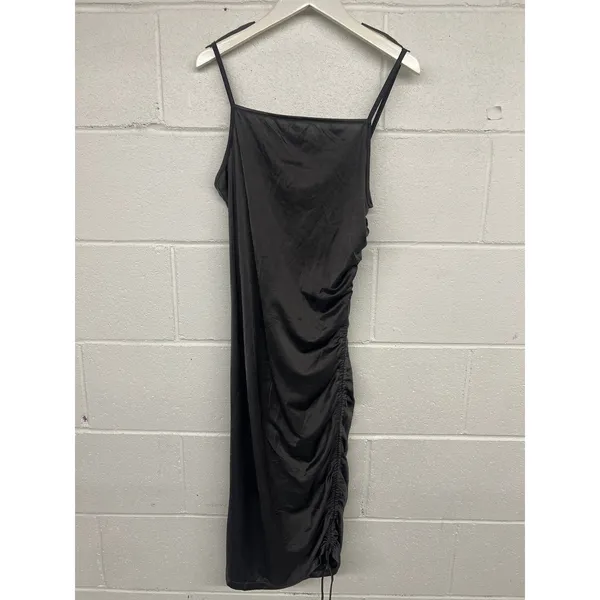 New Free People Intimately Sz L Gray Adiustable Ruched Satin Slip Midi Dress - Image 3