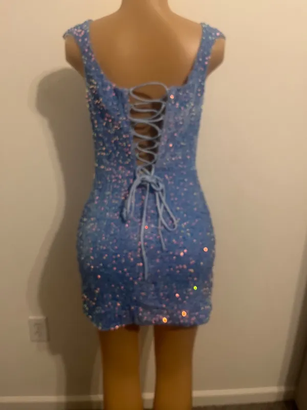 Stacees Shine in this elegant blue sequin dress, perfect for any special occasion. The shimmering sequins add a touch of glamour to your look. - Image 6