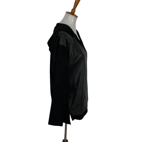 Donna Degnan Black Hooded Tunic Top Faux Leather Front V-Neck Medium 1692Y8 - Image 3