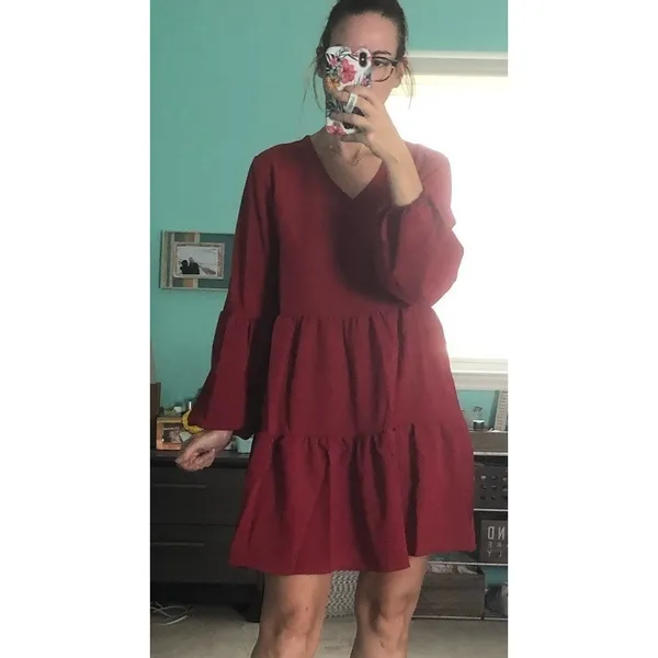 Red‎ Womens Solid Long Bell Sleeve V-Neck Tiered Babydoll Mini Dress Size Small - Image 3
