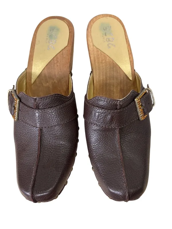 Vintage BCBG Y2k Platform Wooden Leather Clogs Size 8.5 - Image 7