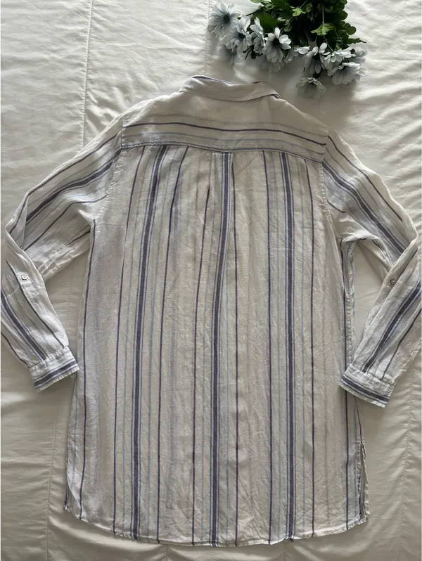 St Tropez West Womens L 100% Linen Striped Tunic Shirt Blue White Beach Vacation - Image 6