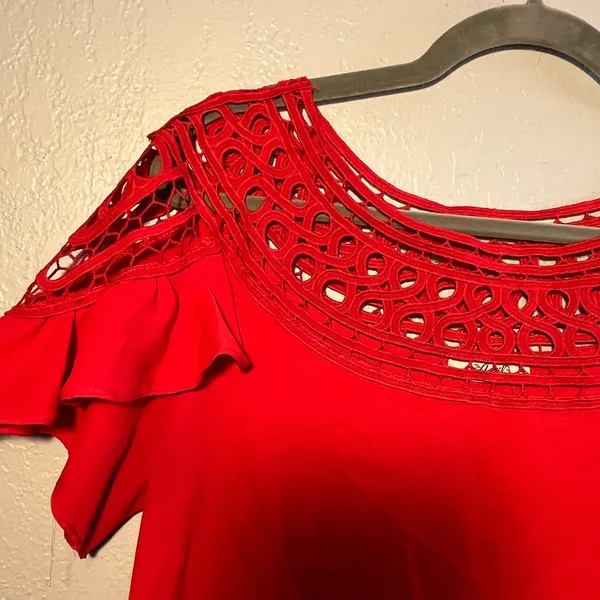 Red Ruffled Flutter Sleeve Blouse size Medium Red 2000s Y2K - Image 5
