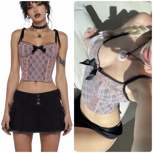 Y2K dELiA*s Dolls Kill Plaid Mesh Lace Bustier Corset Top Schoolgirl Goth Bow M - Image 2