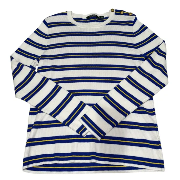 Lauren Ralph Lauren White Blue Yellow Striped‎ Cotton Sweater XL Gold Buttons - Image 2