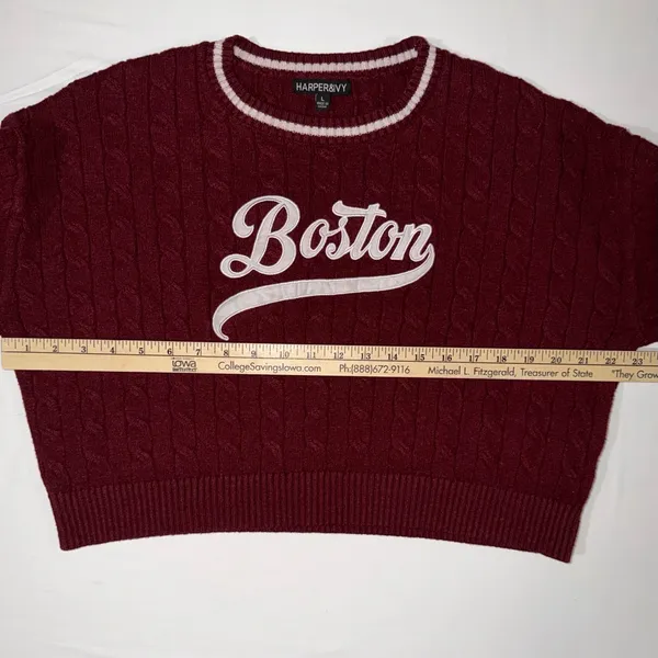 Harper & Ivy Boston Cable Knit Sweater Large Maroon Varsity Preppy Cropped Retro - Image 6