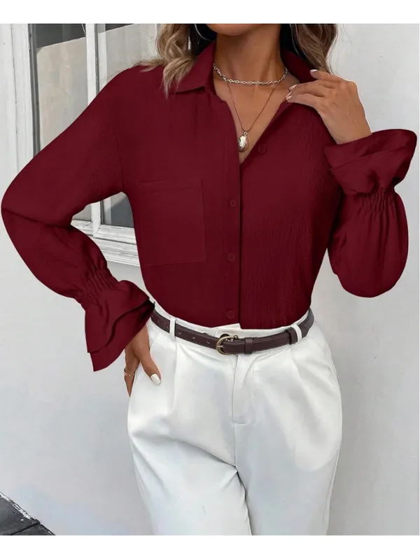 NEW Oversize Button Down Shirt Smocked Boyfriend Long Sleeve Ruffle Blouse L - Image 6