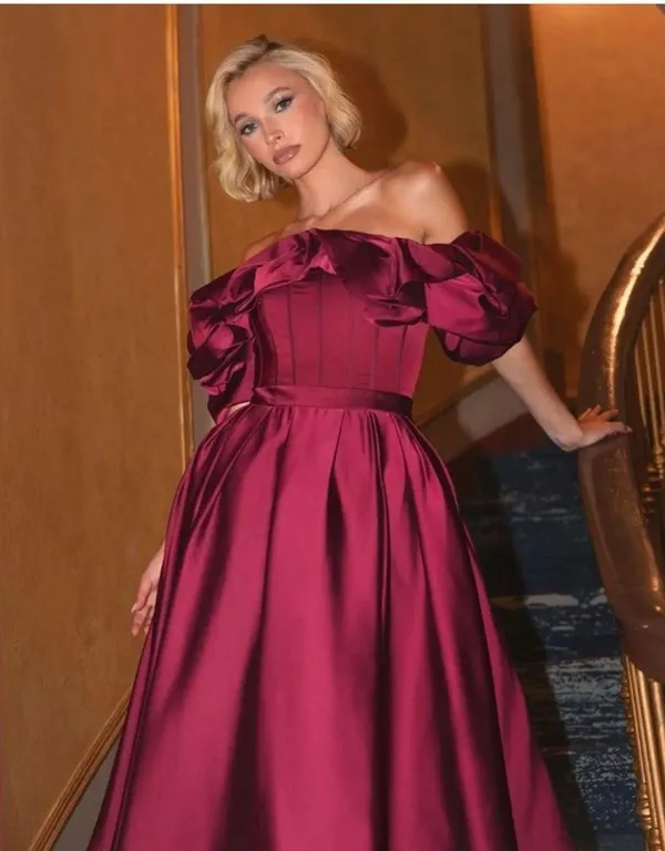 MAC DUGGAL 20706 Plum Off The Shoulder Tea Length Dress Sz 8 - Image 2
