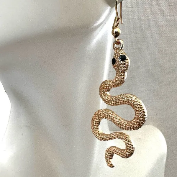 Gold Tone Snake Dangle Earrings with Black Eyes - Image 3