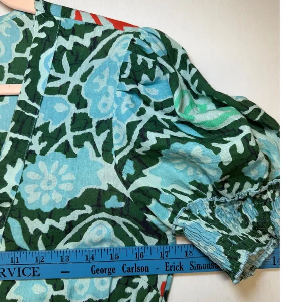 Lukap Paris Floral Cotton Maxi Dress Green Blue Smocked Puff Sleeve S/M Boho‎ - Image 7