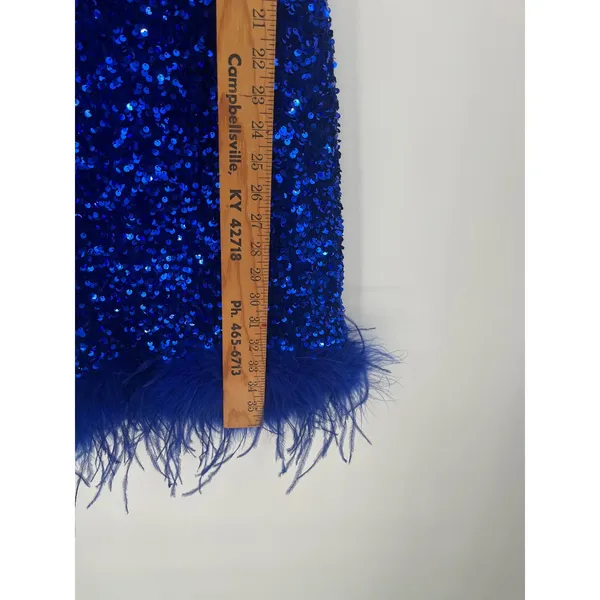 B. Darlin Sequin Feather Trim Open Back Mini Dress Women 15/16 Royal Blue Glam - Image 7
