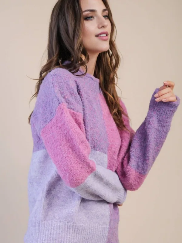 NWT Very J Oversized Color Block Cozy Knit Sweater Purple/Pink Size Large - Image 4
